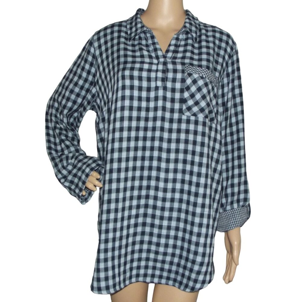 Christopher & Banks Blouse Womens Large Blue Plaid tunic v-neck rayon country